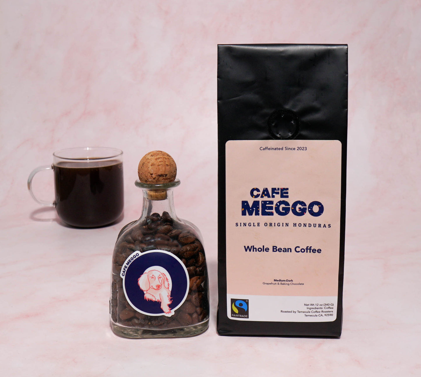 Cafe Meggo Coffee Lovers Gift includes patron tequila bottle filled with coffee beans and a 12 oz bag of your choice of our specialty grade roasted to order coffee beans.