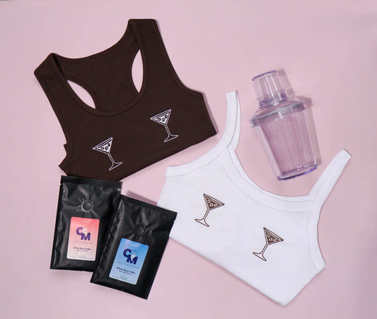 Cafe Meggo Espresso Martini Gift Lovers Set, the perfect holiday gift for espresso martini and coffee lovers. Includes espresso martini tank tops, espressos, and cocktail shaker. Free shipping order now!