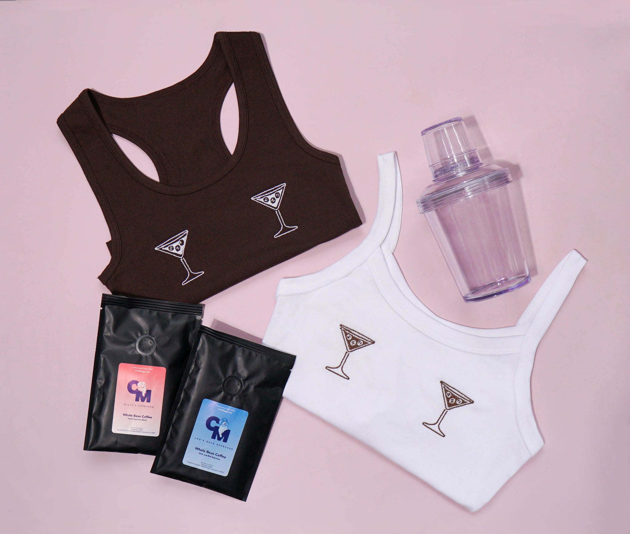 Cafe Meggo Espresso Martini Gift Lovers Set, the perfect holiday gift for espresso martini and coffee lovers. Includes espresso martini tank tops, espressos, and cocktail shaker. Free shipping order now!