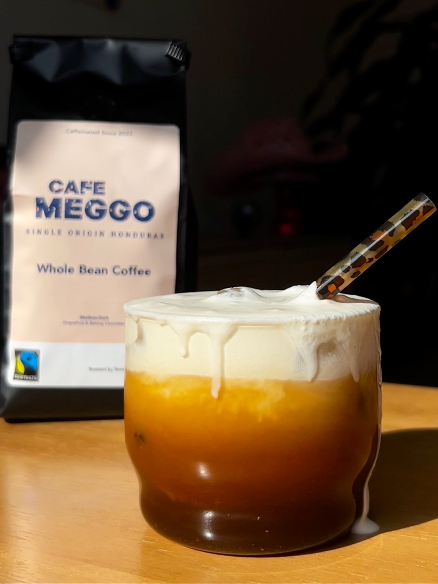 Iced espresso with maple cream using our delicious Cafe Meggo Fairtrade Certified Honduras coffee. 