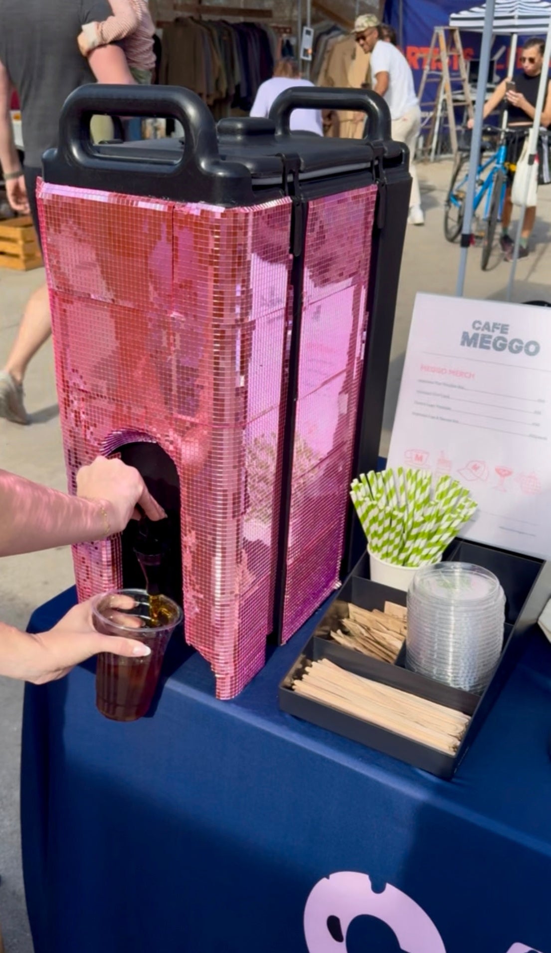 Cafe Meggo disco pink coffee thermos at Artists & Fleas in Venice. Try specialty grade, roasted to order coffee in Venice, CA. Free shipping on all online coffee orders, try it now!