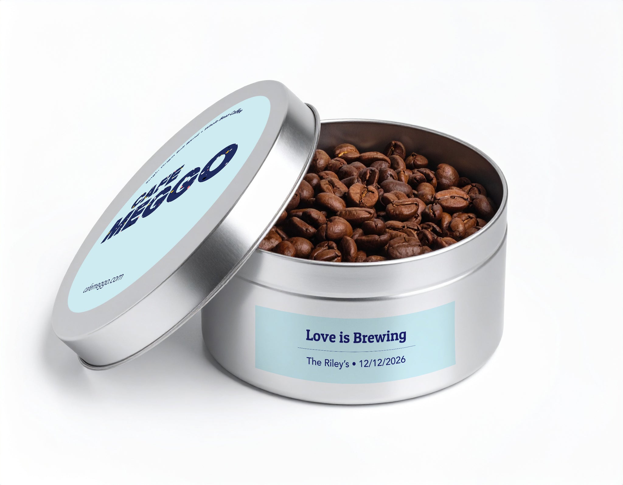 Personalized Bridal & Wedding Party Coffee Favors, Silver Tin - Cafe Meggo. Specialty coffee that's roasted to order. 