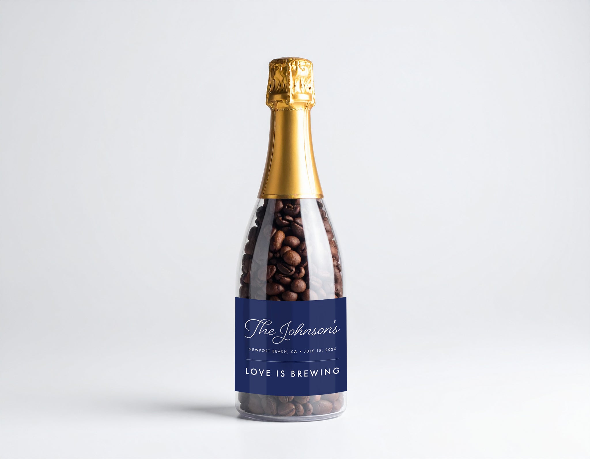 Personalized Bridal & Wedding Party Coffee Favors, Champagne Bottle - Cafe Meggo. Specialty coffee that's roasted to order. 