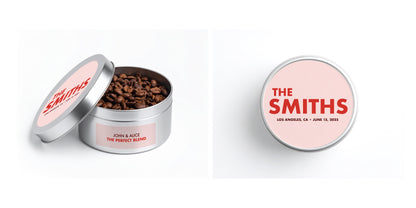 Personalized Bridal & Wedding Party Coffee Favors, Silver Tin - Cafe Meggo. Specialty coffee that's roasted to order. 