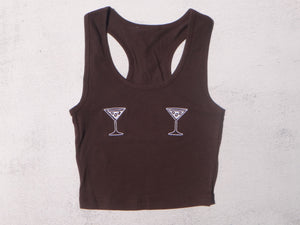 Brown tank top with martini glass designs on a light gray background