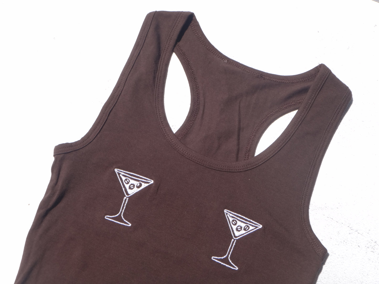 women's brown tank top with white espresso martini design 