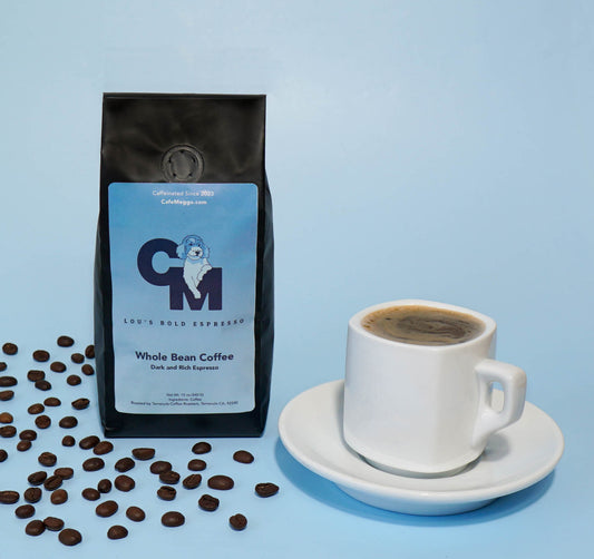 Make your home cafe coffee shop quality with specialty grade, fresh espresso beans from Cafe Meggo. Free shipping always, try Lou's Bold Espresso now! Ultra-dark roast for an incredible espresso shot every time. 