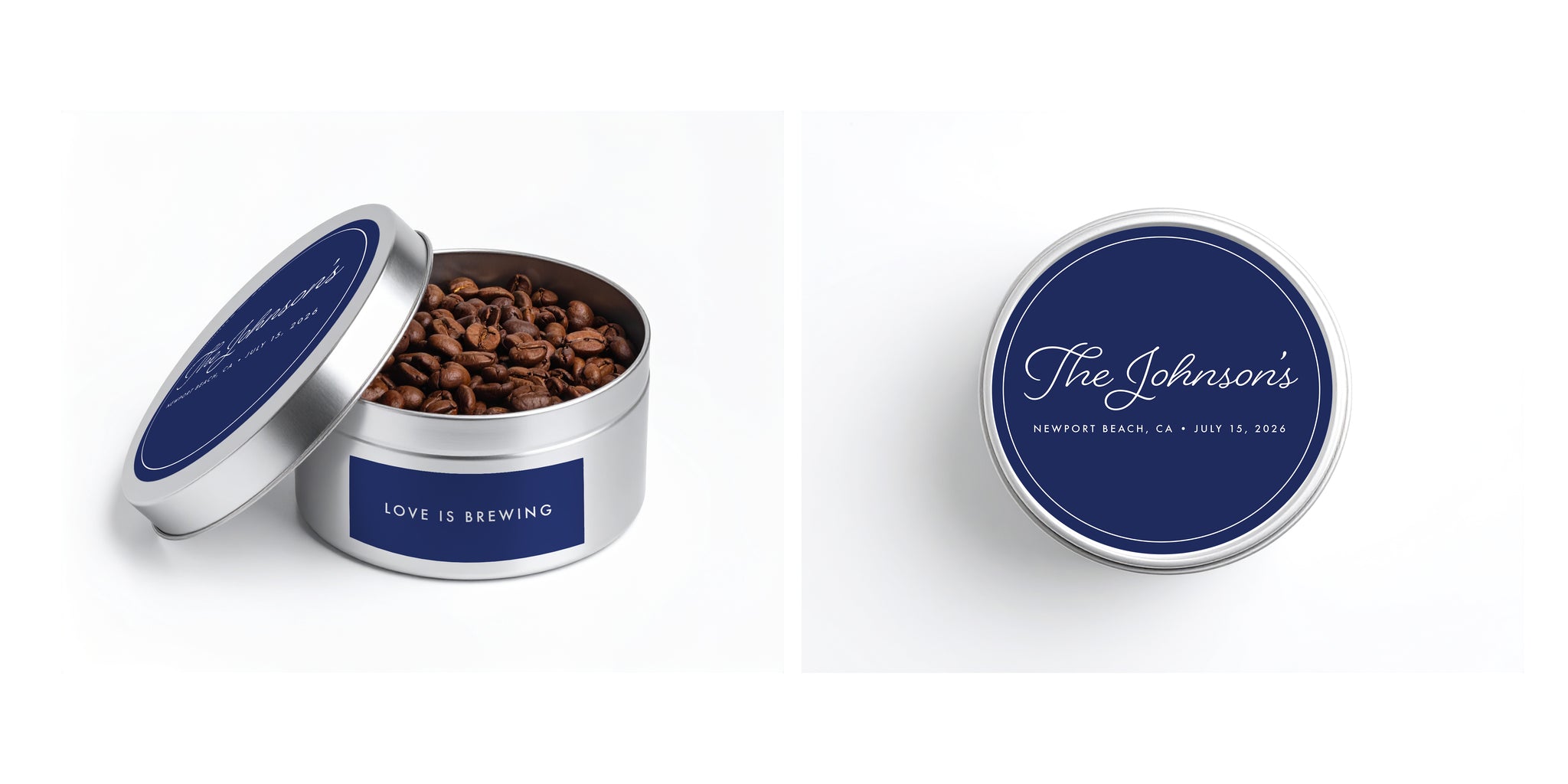 Personalized Bridal & Wedding Party Coffee Favors, Silver Tin - Cafe Meggo. Specialty coffee that's roasted to order. 