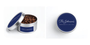 Personalized Bridal & Wedding Party Coffee Favors, Silver Tin - Cafe Meggo. Specialty coffee that's roasted to order. 